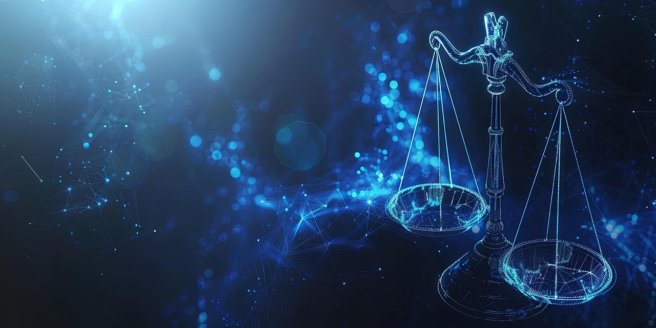 Abstract illustration of the scales of justice on a hazy blue background.