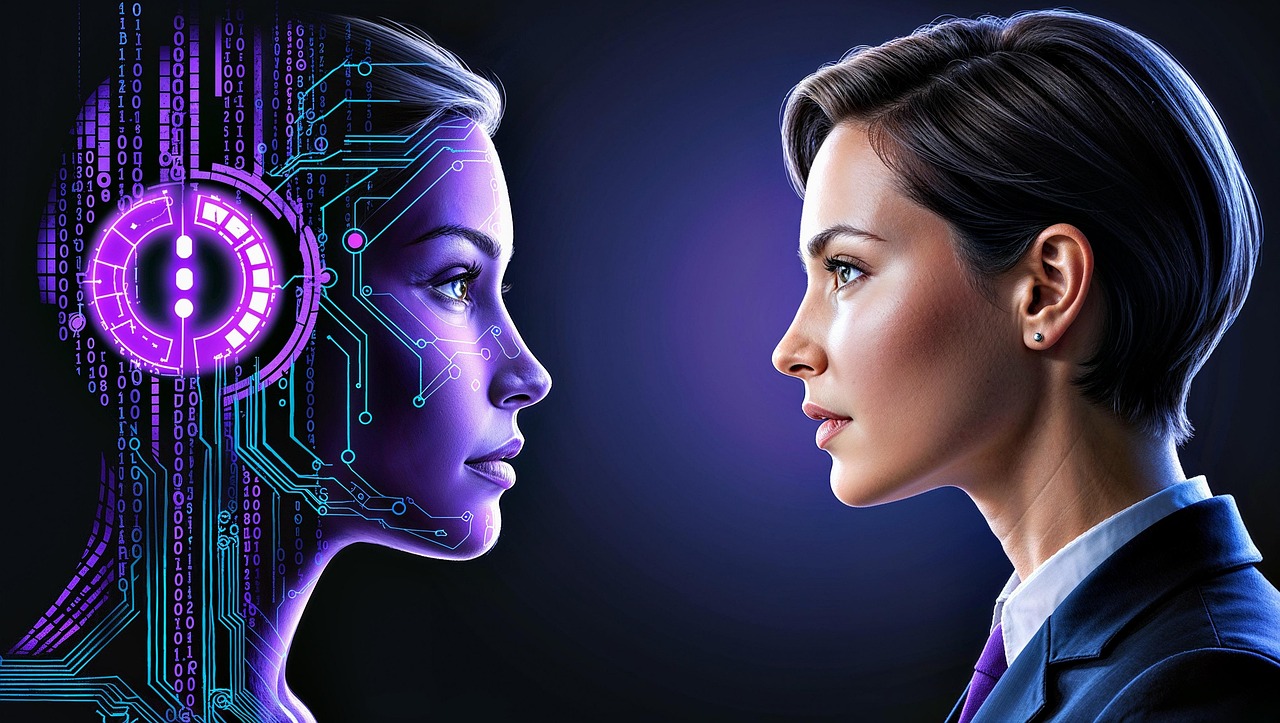 Illustration of a woman facing an AI version of herself.