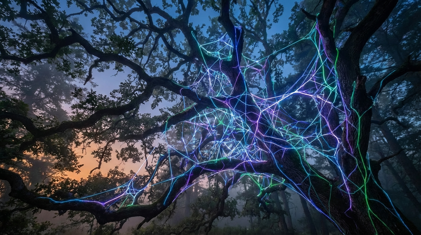 Glowing blue, purple, and green lines woven through the branches of a large tree at dusk.