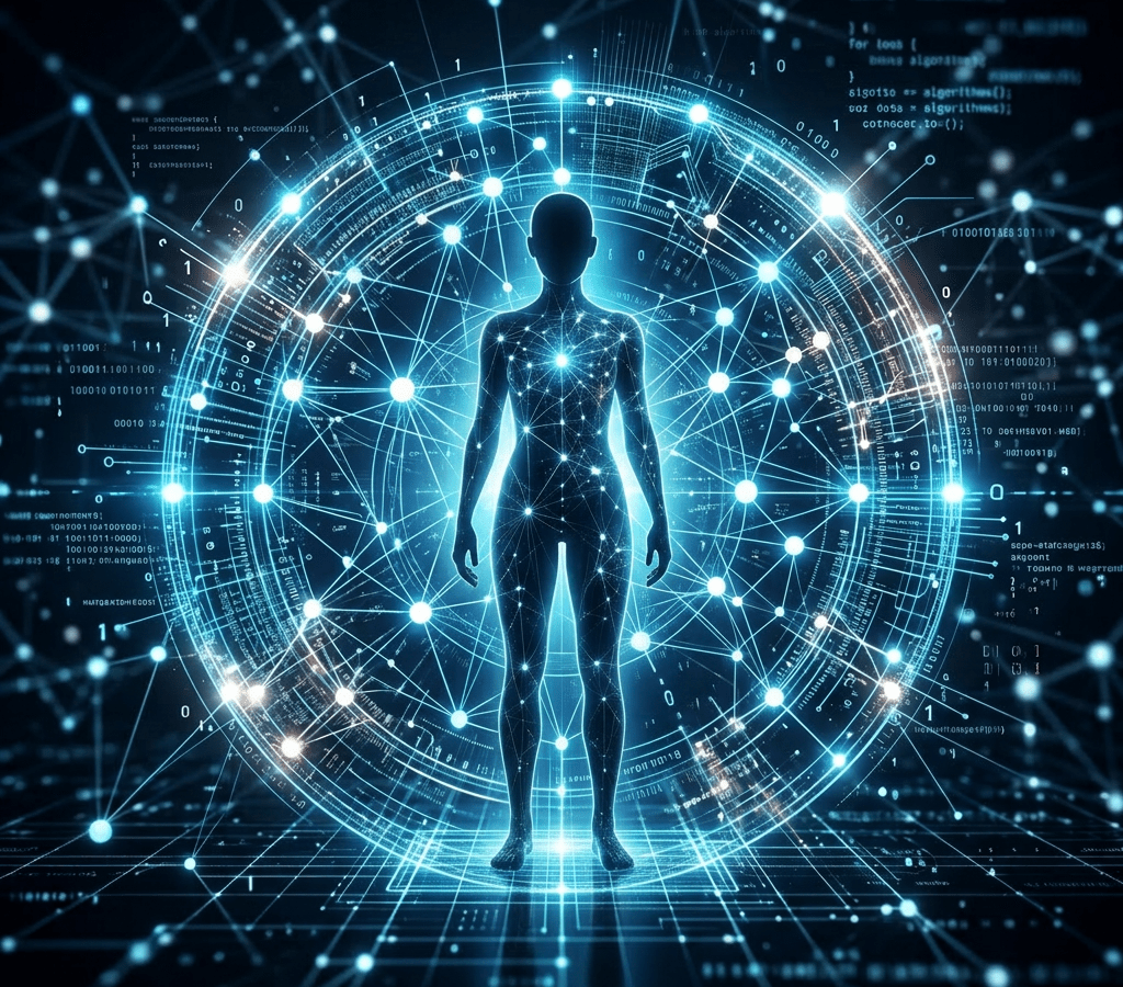 Silhouette of a human figure surrounded by glowing network connections and data symbols