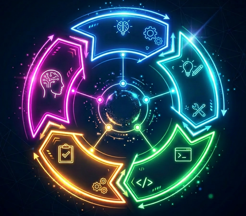 Representation with arrows of a 5-stage development process