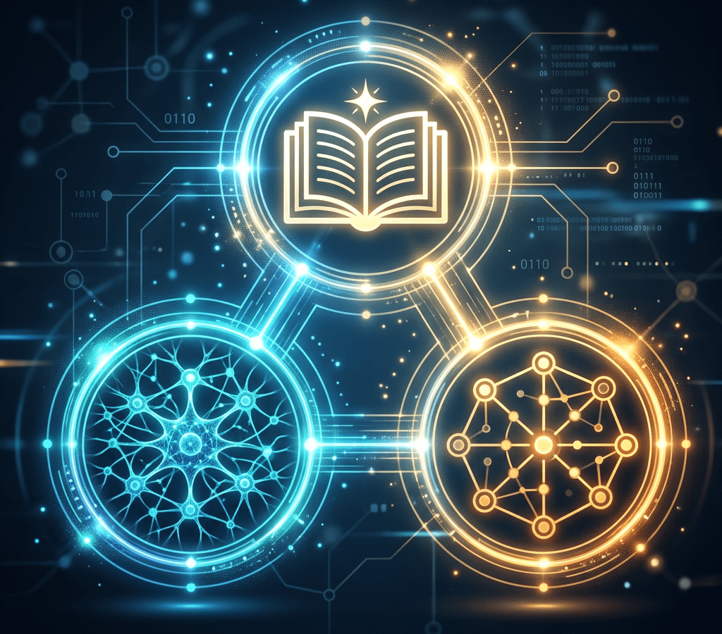 Glowing digital icons of a neural network, an open book, and connected nodes symbolizing AI knowledge