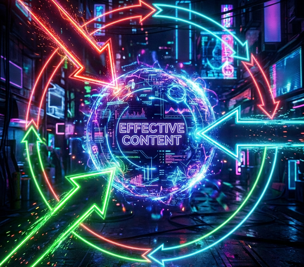 Neon diagram showing effective content linked to strategy, authenticity, and distribution