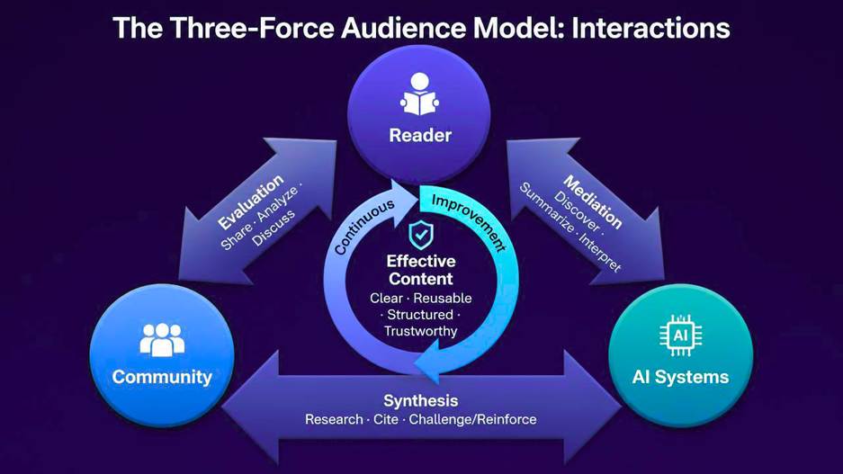 A triangular image in which the three circular endpoints are Reader, AI Systems, and Community. In the center rests the circle for Effective Content, which is continuously improving. Between the three endpoints are arrows representing Mediation, Synthesis, and Evaluation.